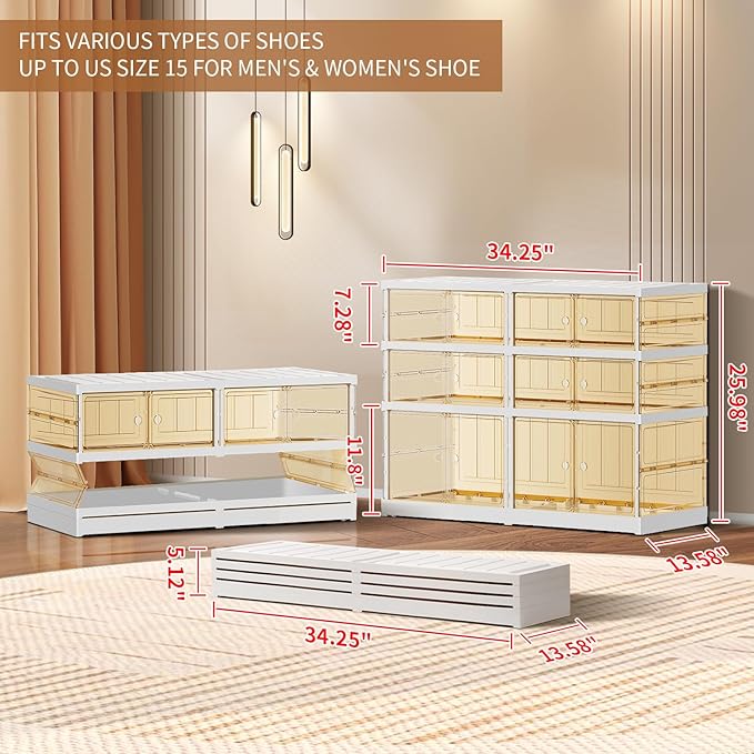 3-Tier Foldable Shoe Rack for Closet Entryway 6-12Pairs,Stackable Clear Shoe Storage Boxes Organizer with Door Plastic Small Shoe Cabinet Bins with Lids Narrow Shoe Shelf Easy Assembly
