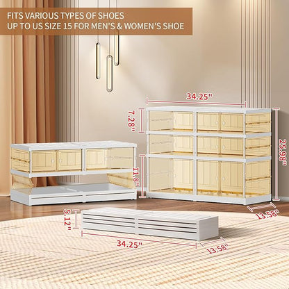 3-Tier Foldable Shoe Rack for Closet Entryway 6-12Pairs,Stackable Clear Shoe Storage Boxes Organizer with Door Plastic Small Shoe Cabinet Bins with Lids Narrow Shoe Shelf Easy Assembly