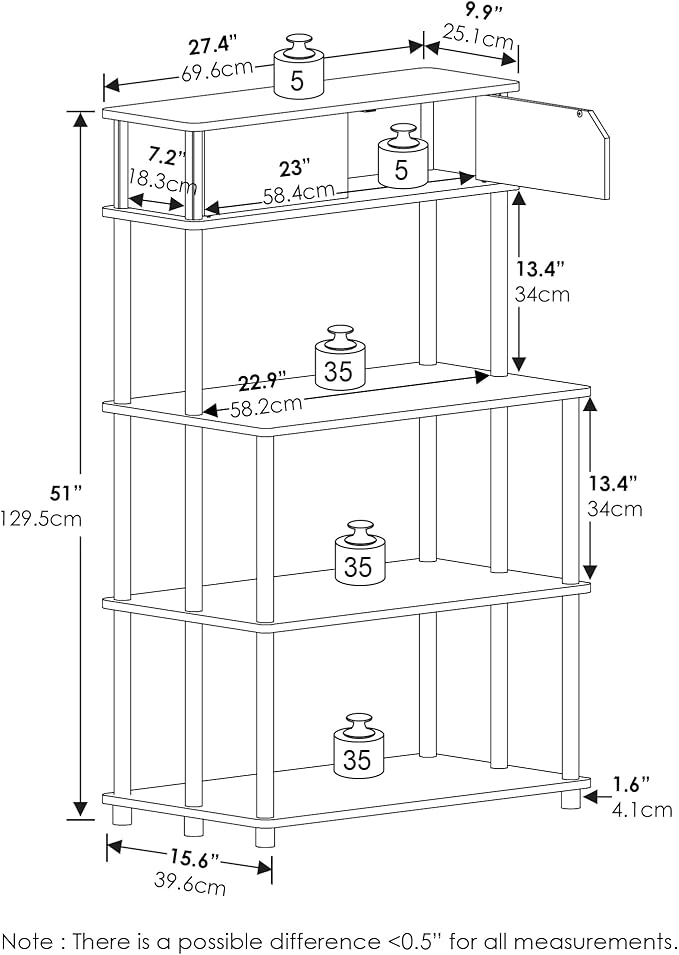 Furinno Turn-N-Tube Printer Stand, 5-Tier Printer Stand with Storage Shelf and Closed Cabinet, for Home Office, Brown Walnut
