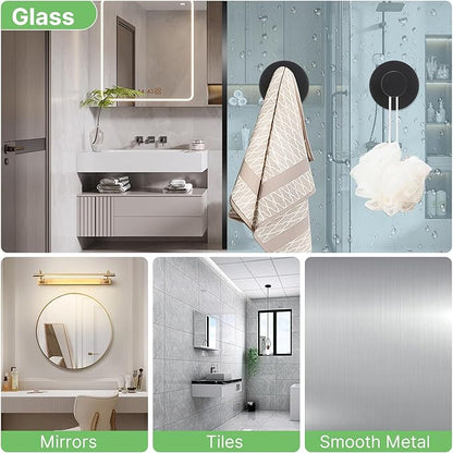 Black Waterproof Suction Cup Hooks, 2-Pack Heavy Duty Stainless Steel No Drill Shower Hooks for Hanging Towels, Robes, Loofahs, Holder Holds Strong on Tile, Glass, Mirror, Wall, Bathroom Door
