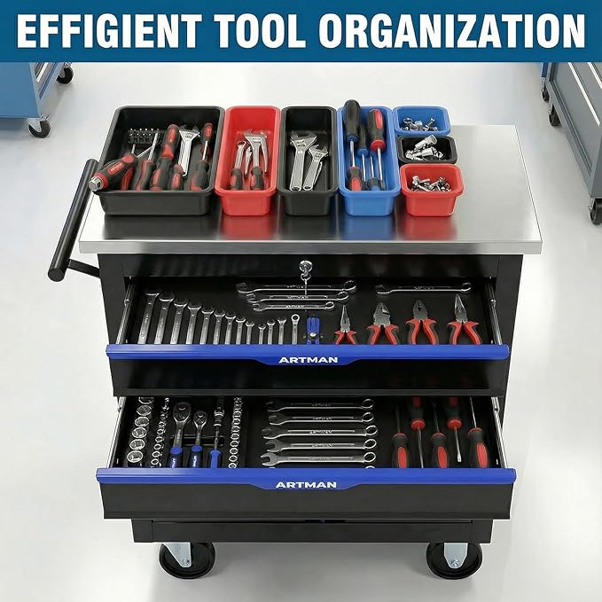 6-Drawer Rolling Tool Chest with Stainless Steel Countertop,Tool Chest with Secure Locking System,Mobile Storage Tool Cabinet with 360°Wheels and Padded Feet,for Home,Garage (Black+Blue)