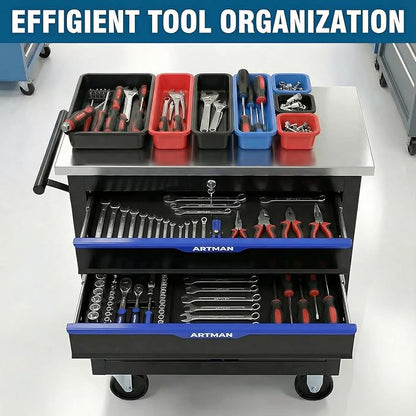 5-Drawer Rolling Tool Chest with Stainless Steel Countertop,Tool Chest with Secure Locking System,Mobile Storage Tool Cabinet with 360°Wheels and Padded Feet,for Home,Garage (Black+Blue)