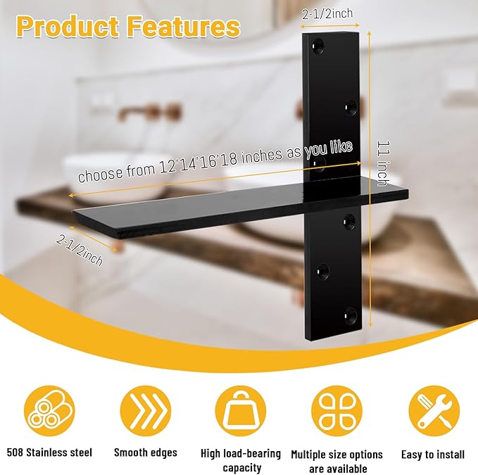 3/8" Thick Heavy-Duty Floating Shower Bench Brackets -18" L x 2.5" W Wall Mount Bracket, Free Hanging T Shelf Support Brackets for Vanity, Granite Countertops, Dishwashers,Bench Seats (4-Pack)