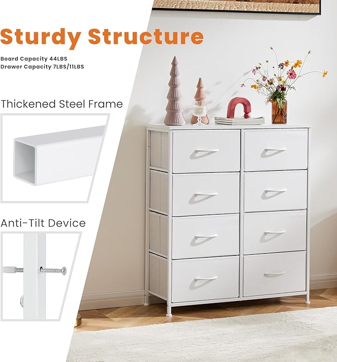 Sweetcrispy Dresser for Bedroom, Chest Organizer Unit with 8 Fabric Bins, Fabric Storage Tower, Drawer Organizer with Steel Frame, Wooden Top for Living Room, Closet