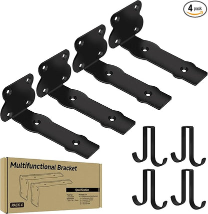 SOGAL 6 Inch Black Brackets | Heavy Duty | 4 Hooks Floating Shelf Bracket for Garage Storage - 150LB Capacity, Utility Hooks Included