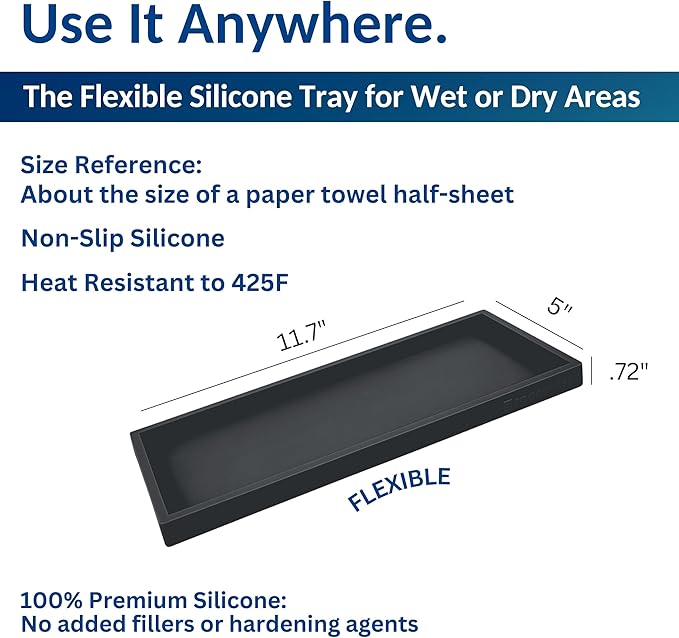 Countertop and Vanity Tray - 11.7" Silicone Bathroom Tray Countertop, Dish Soap Trays for Kitchen Counter, Organizer Accessories Caddy, Toilet Laundry Shower Oil Makeup Mat, Black