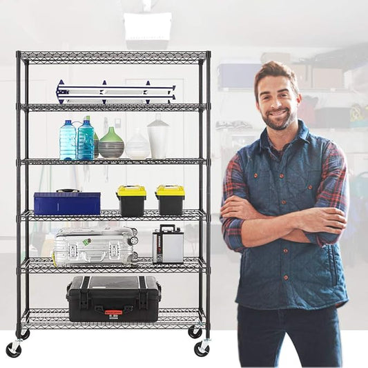 BestOffice | 6-Tier Wire Storage Shelves with Wheels | 18x48x78 | Black | Adjustable Racks | Heavy-Duty Metal Shelf, Holds Upto 600 lbs | No-Tool Assembly | Ideal for Home & Garage Shelving