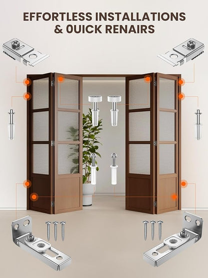 Bifold Door Hardware Repair Kit - 2 Pack Bi-fold Sliding Closet Door Hardware Kit for 7/8" to 1" Track, Folding Pocket Door Replacement Parts Set Include Top Bottom Pivots Bracket and Guide Wheel