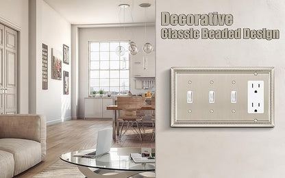 Henne Bery Sunken Pearls Heavy Duty Decorative Wall Plate Switch Plate Outlet Cover (Triple Toggle/Single Decorator, Satin Nickel)