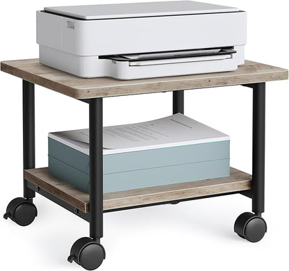 VASAGLE Heavy-Duty Printer Stand with Locking Wheels, 2-Tier Industrial Mobile Cart with Storage Shelf, Under Desk Printer Table for Home, Office, 13.4" Height, Heather Greige and Black UOPS002B02