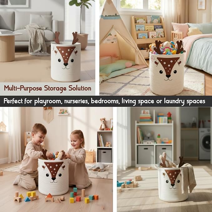 Kids Laundry Hamper & Toy Storage Organizer | Large Deer Woven Cotton Rope Bin for Stuffed Plushies | Cute Animal Design basket with Cutout Handles for Nursery, Playroom & Kid’s Bedroom (Deer)