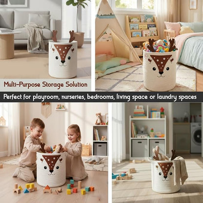 Kids Laundry Hamper & Toy Storage Organizer | Large Deer Woven Cotton Rope Bin for Stuffed Plushies | Cute Animal Design basket with Cutout Handles for Nursery, Playroom & Kid’s Bedroom (Deer)
