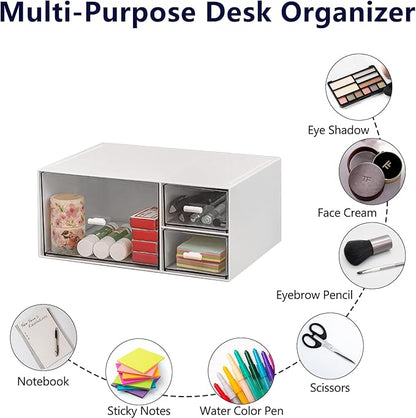Desk Organizer Stackable Storage Drawers with 3 Compartments Stackable Drawers Great for Desk Storage, Makeup Storage Bathroom Organization Accessories Etc (White)