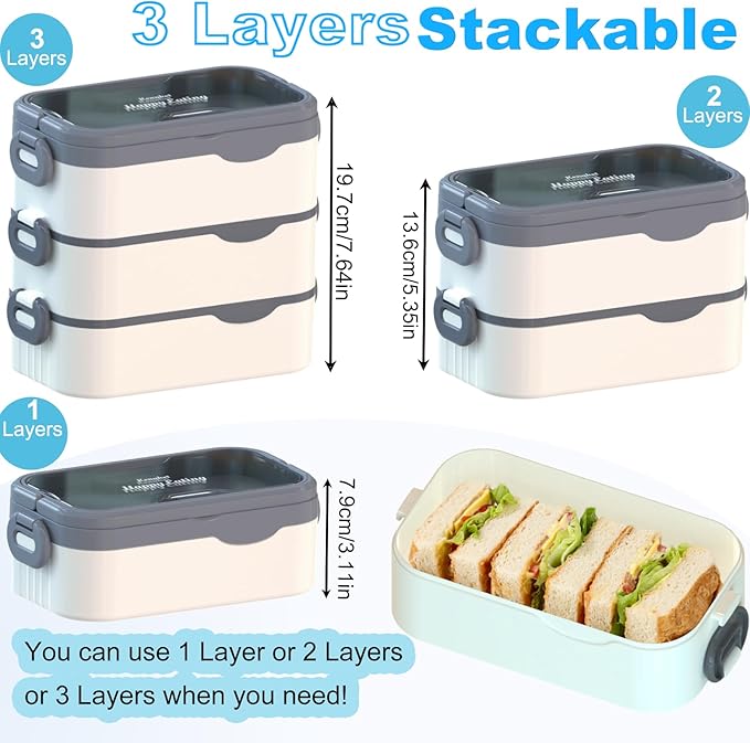 Bento Box Adult Lunch Box, Stackable 3 Layers Large Capacity Lunch Containers, Microwave and Dishwasher Safe Food Grade Containers with Utensils, Dividers and Sauce Boxes for Men, Women, Kids