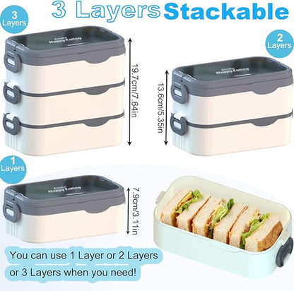 Bento Box Adult Lunch Box, Stackable 3 Layers Large Capacity Lunch Containers, Microwave and Dishwasher Safe Food Grade Containers with Utensils, Dividers and Sauce Boxes for Men, Women, Kids
