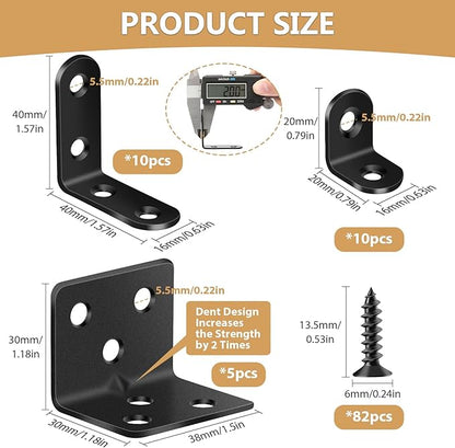25Pcs L Brackets for Shelves, 3 Sizes Angle Corner Braces Metal L Bracket Heavy Duty for Wood, Sturdy and Rustproof for Repairing Furniture with 82Pcs Screws Mounting Bracket Easily Black