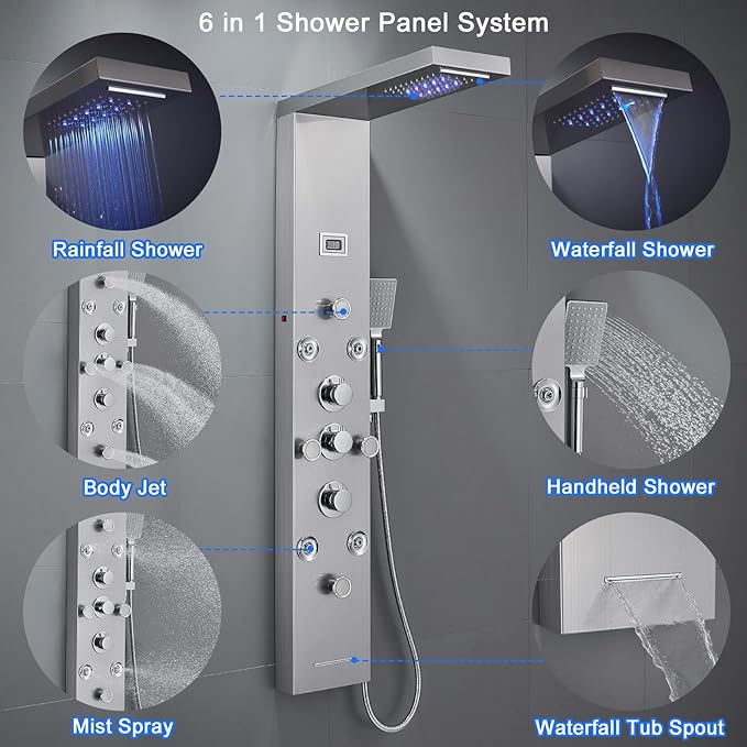 POPFLY LED Rainfall Waterfall Shower Panel Tower System, 4 Body Jets and 4 Mist Spray, 3-Function Handheld Shower, 304 Stainless Steel Shower Tower with Temp Display, Brushed