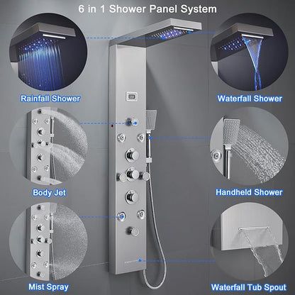 POPFLY LED Rainfall Waterfall Shower Panel Tower System, 4 Body Jets and 4 Mist Spray, 3-Function Handheld Shower, 304 Stainless Steel Shower Tower with Temp Display, Brushed