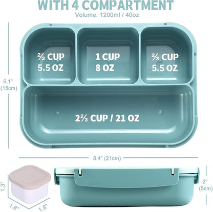 Bento Box Adult Lunch Box, Lunch Containers for Kids Girls Boys with 4 Compartments, Lunchable Food Container with Utensils, Sauce Jar, Muffin Liners, 40 Oz/5 Cup, Light Teal