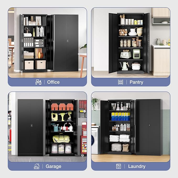 Metal Storage Cabinet with Locking Doors, Tall Cabinets for Home, Office, Warehouse Organizer (Black)