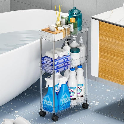 Yieach Clear 3 Tier Slim Rolling Storage Cart with Wheels,6.3″W Thin Shelf,Bathroom Storage Cabinet,Skinny Laundry Cart,Narrow Laundry Room Cart Between Washer and Dryer,Skinny Shelves for Small Space
