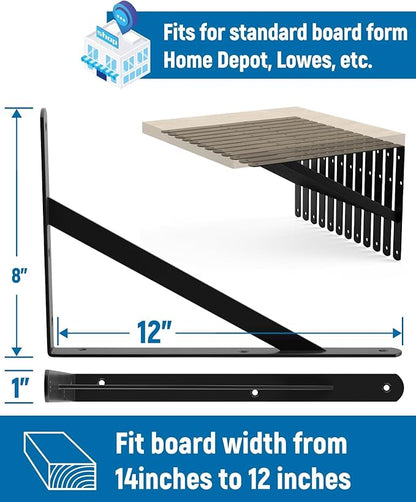 4-Pack 12 Inch Heavy Duty Shelf Brackets, Large Floating Wall Bracket for Garage Storage Shelves, Black Powder-Coated Finish, Load Capacity 800lbs