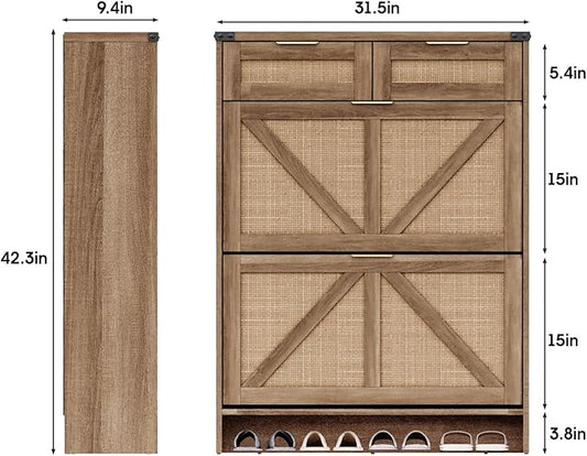 Shoe Cabinet with 2 Flip Drawers & 2 Drawers,Farmhouse Shoe Storage Cabinet for Entryway,Slim Freestanding Narrow Organizer Rack for Front Door Entrance,Rustic Oak Rattan