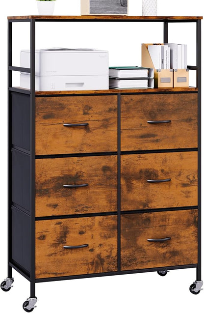51" H Tall Mobile File Cabinet, Rolling Printer Stand with 6 Drawers, Adjustable Hanging Rails for A4/Letter/Legal Files, Fabric Vertical Filing Cabinet for Home Office, Rustic Brown