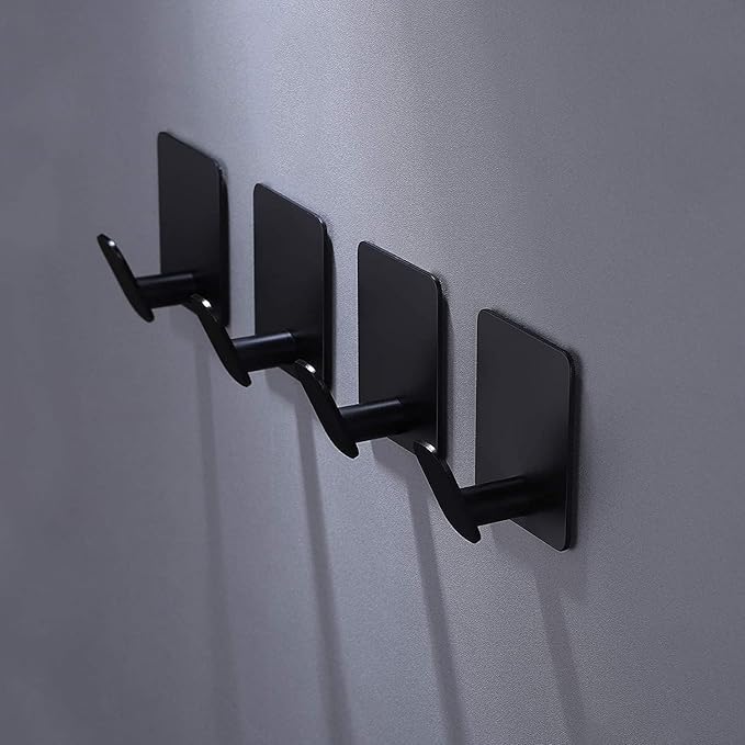DELITON Black Towel Hook 6 Pack, Stainless Steel Stick on Wall Hooks for Hanging Coat Robe Hat, Self Adhesive Hooks, Heavy Duty, No Damage