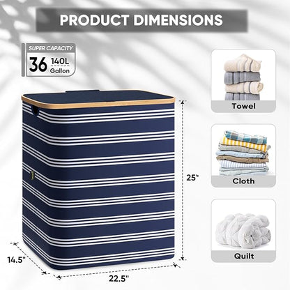 BALEINE Laundry Hamper with Lid, Tall Laundry Baskets with Bamboo Pull Handles, Large Laundry Bin with Internal Support (36 Gal/140L, Blue Pinstripe)