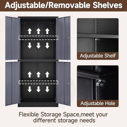 Metal Cabinet, 71' Tall, 4-Door, Locking, Adjustable Shelves, Heavy Duty, Black & Grey, Home Office, Garage Storage Cabinet