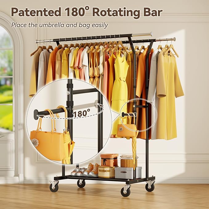 800LBS Heavy Duty Clothes Rack: Rolling Clothing Rack for Hanging Coat Double Rods Portable Wardrobe Garment Racks with Wheels Shelf Sturdy Metal Adjustable Bedroom Laundry Living Room