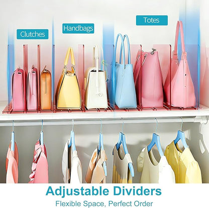 Purse Organizer for Closet: Shelf Dividers Adjustable Acrylic Bag Closet Organizers and Storage Pink 4 Bases 14 Shelves