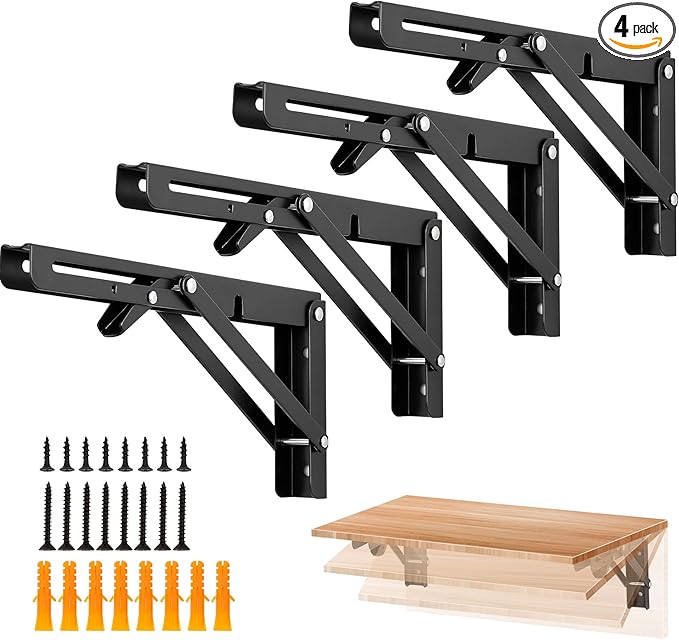 Ravinte 4 Pack 10 Inch Folding Shelf Brackets – Matte Black, Heavy Duty Collapsible Brackets for Tables and Benches – Space-Saving Design