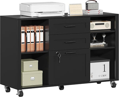 3 Drawer Wood Mobile Large lateral File Cabinet with Lock, Lockable Rolling Filing Cabinet with Open Storage Shelves, Printer Stand Office Storage for Home Office Fits Files Legal/A4, Black
