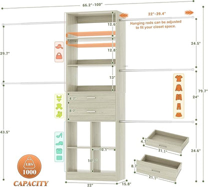 Closet System, 4-8 FT Closet Organizer Systems with 2 Wooden Drawers and 5 Hanging Rods, Can Fit 60 to 96 inch Walk-in Closet System, Greige Oak