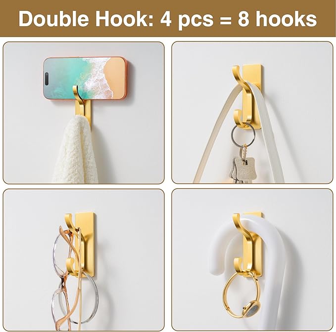 pickpiff Wall Hooks with Adhesive Strip - Easy to Remove, No Residue, Strong Heavy Duty Sticky Towel Hook, 8 Pack Brushed Gold