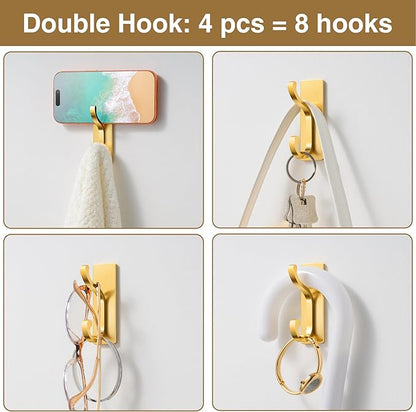 pickpiff Wall Hooks with Adhesive Strip - Easy to Remove, No Residue, Strong Heavy Duty Sticky Towel Hook, 8 Pack Brushed Gold