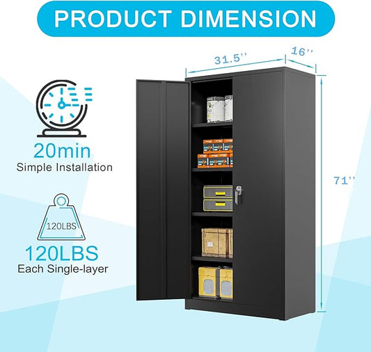 Black Iron Metal Lockable Storage Cabinet - Durable Home Office Garage Organizer for TV & Slim Storage - Secure Sideboard Locking Filing Pantry Tall Bathroom Floor Storage Cabinet with Lock
