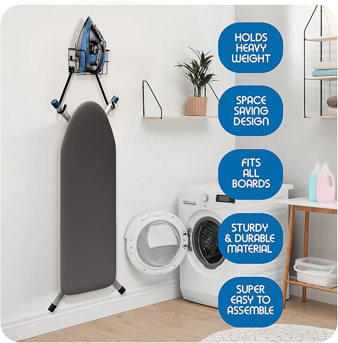 Set of 3 Ironing Board Holder Wall Mount & Over The Door Hanger, Laundry Room Ironing Board & Iron Hanger, Storage Caddy Iron Holder T&V Shaped Ironing Board Cover and Pad Set Full Size Iron Holder
