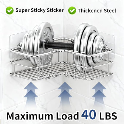 Menbyci 2 Pack Corner Shower Caddy, Adhesive Bathroom Shelf with 8 Hooks, Rustproof Stainless Steel Bathroom Organizer, No Drilling Shower Shelves Basket Wall Storage Rack Shampoo Holder (Silver)