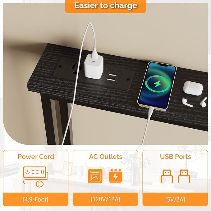 VINGLI 79" Console Table with Charging Station, 5.9" Narrow Sofa Table Set of 2, Entryway Table with Power Outlet & 4.9 Ft Extension Cord & Adjustable Feet, for Living Room, Hallway, Black