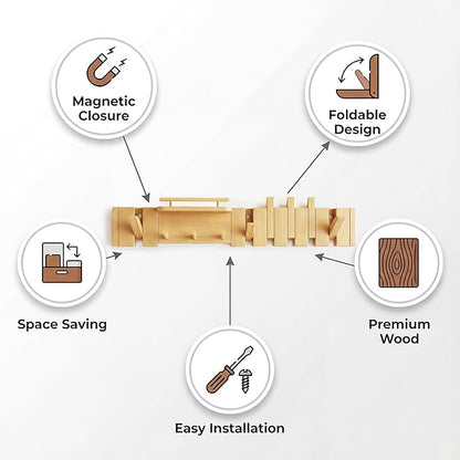 Mid Century Modern Walnut Foldable Entryway Wall Coat Hanger Hook with Shelf,Heavy Duty Wooden Piano Hidden Towel Hooks for Bathroom,Wall Rack for Purse&Key&Mail,Home Decor (Natural, 9 Hooks)