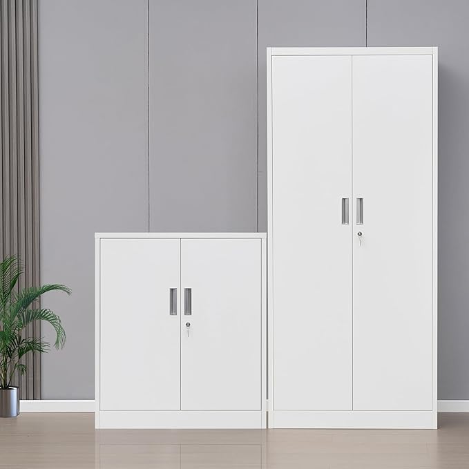 Metal Storage Cabinet, 36" H Locking Storage Cabinet with 2 Adjustable Shelves for Garage, Home, Office, Utility Room-White