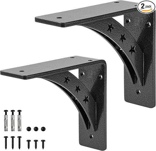 7 inch x 6 inch Heavy Duty Shelf Brackets，max Load 900 LBS,Premium Alloy Metal Mantel Brackets , (Set of 2) Fireplace Mantel Brackets - Countertop Support Brackets (Black-Metallic Silver)