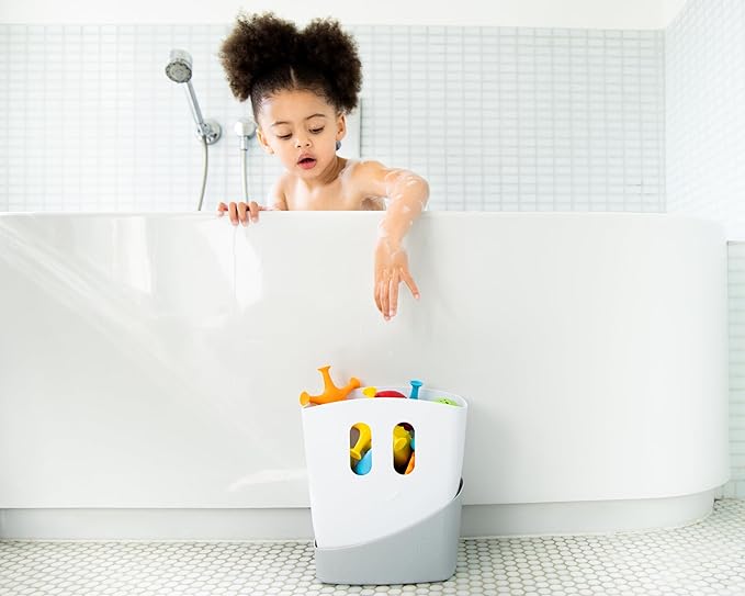 Ubbi Bath Toy & Drying Bin Bundle, Includes 10 Bath Toys, 1 Hair Rinse Cup and 1 Gray Toy Drying Bin, Infant and Toddler Bathtub Accessories