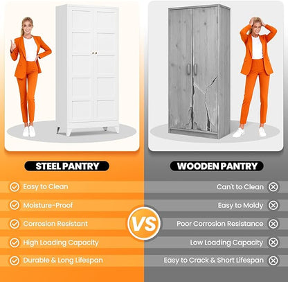 72" Tall Kitchen Cabinet Storage Unit With 2 Doors and 4 Adjustable Shelves, Metal White Freestanding Cupboard, 5 Tier Kitchen Pantry Storage Cabinet for Kitchen Dining/Living Room/Garage/Home/Office