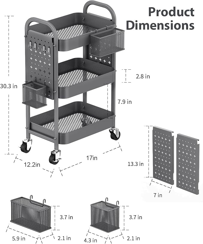 ALVOROG 3 Tier Rolling Cart with DIY Pegboards Metal Utility Cart with Wheels Handles Baskets Hooks, Storage Cart for Office Kitchen Bathroom(Gray)
