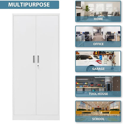 Metal Storage Cabinet, 71”H Locking Storage Cabinet with 5 Adjustable Shelves, Steel Cabinets for Garage, Home, Office, Pantry (White)