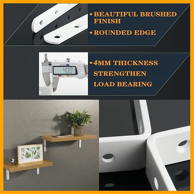 Alise 4 PCS L Brackets Heavy Duty Corner Bracket, 5 X5 Inch White Floating Shelf Brackets for Shelves, Stainless Steel L Shape Wall Mounting Brackets, Metal L Joint Angle Bracket for Wood Shelving